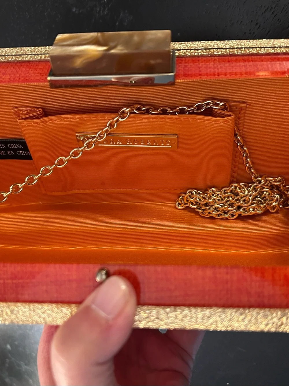 Sondra Roberts Red/Orange Evening Box Clutch with Gold Trim